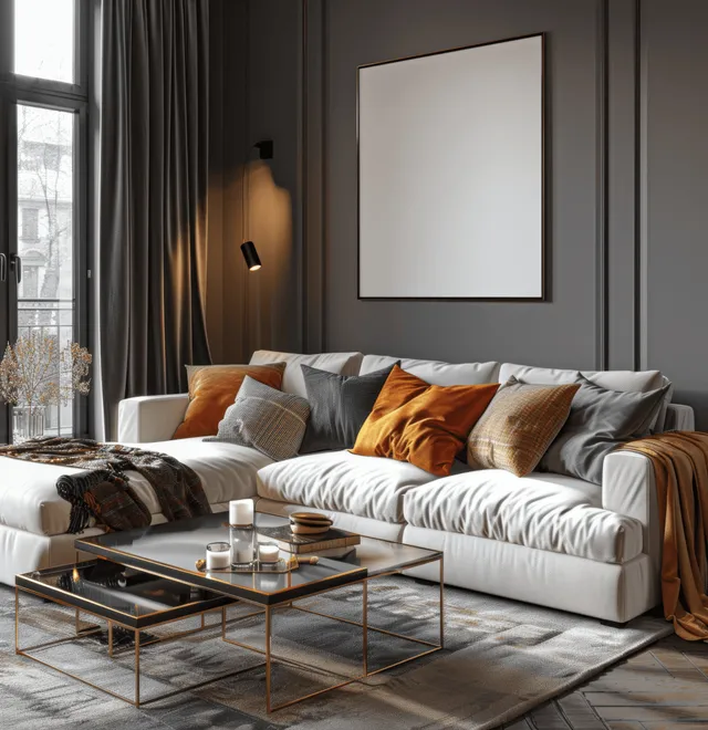 White sofa with warm cushions sits in a dark living room beside a gold metal coffee table and bright window light.