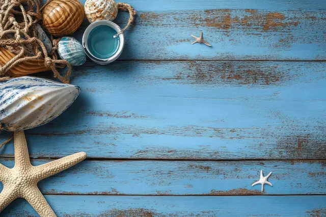Starfish, shells, and a coiled fishing net arranged on weathered blue wooden boards with small sea treasures.