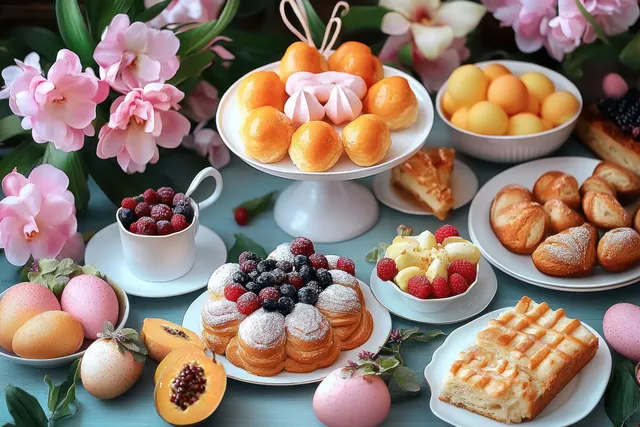Assorted Easter pastries, berries, tropical fruit, and decorated eggs arranged around pink flowers on a festive table.