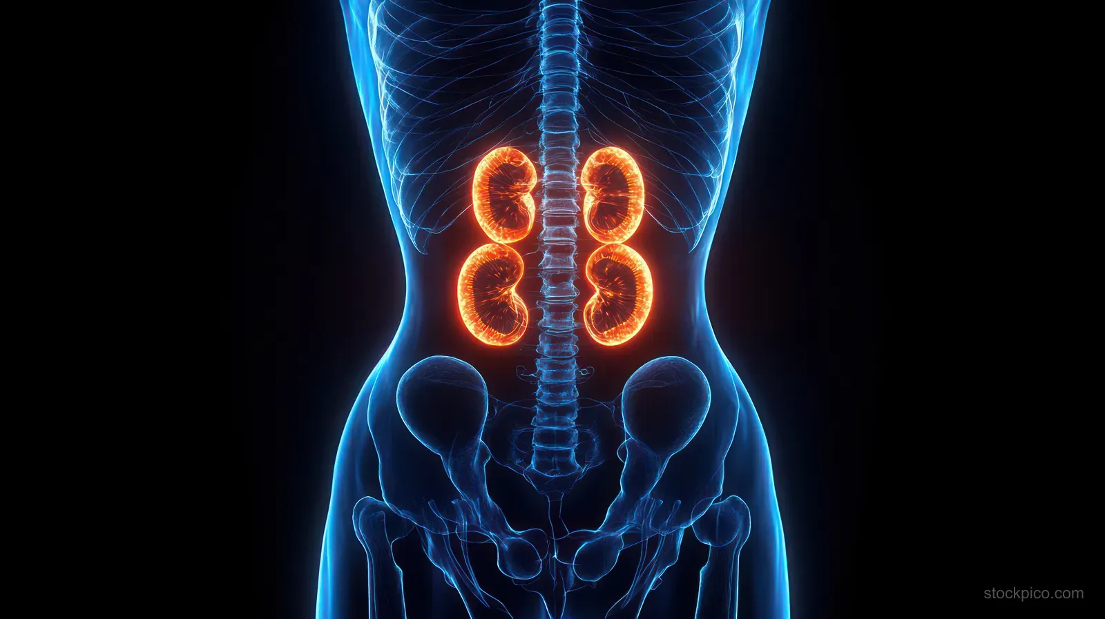 X-ray style lower torso skeleton with orange glowing kidneys next to a blue spinal column and pelvis.