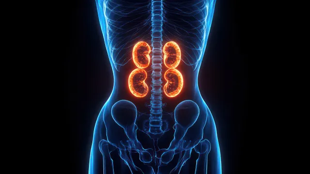 X-ray style lower torso skeleton with orange glowing kidneys next to a blue spinal column and pelvis.