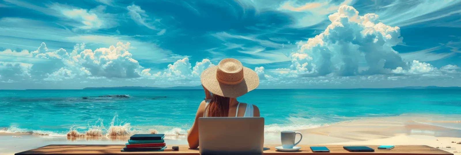 Freelance girl working on a laptop at the beach with turquoise sea and blue sky in the background.