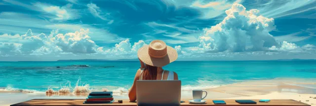 Freelance girl working on a laptop at the beach with turquoise sea and blue sky in the background.