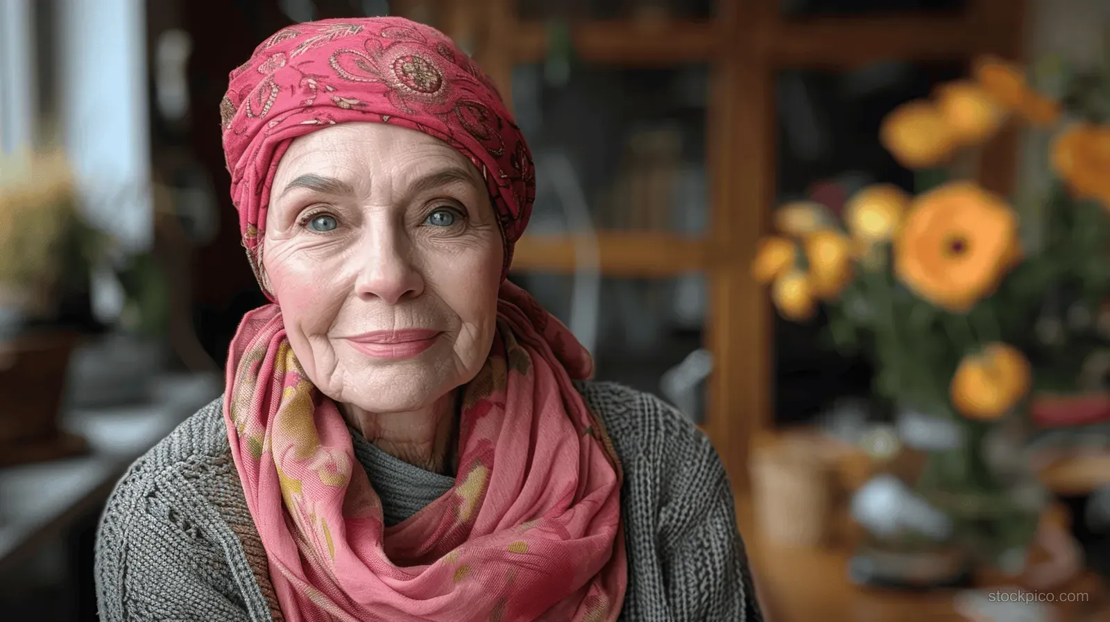 Elderly woman wearing a pink headscarf smiles while sitting in a hospital room.