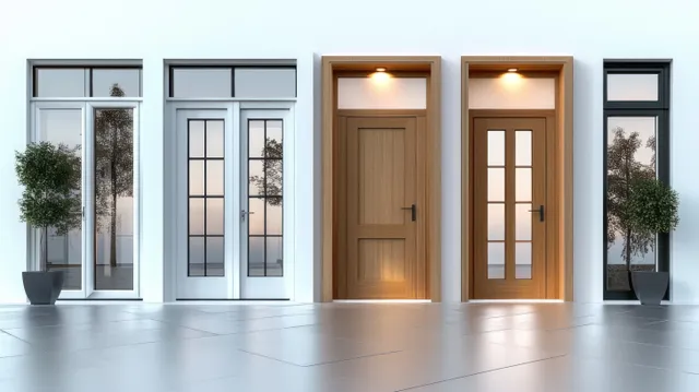 Modern window and door openings with white frames and warm lights in a bright minimalist interior.