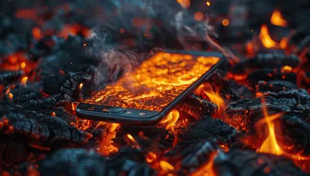A scorched smartphone rests on glowing coals as orange flames burn and smoke curls upward.