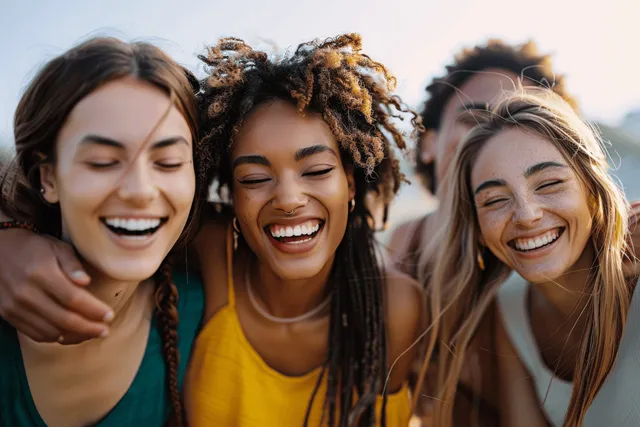 Diverse friends laughing and hugging outdoors under warm sunlight on a city street