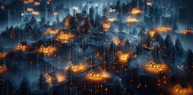 Glowing smart houses connected by data lines in a snowy night aerial network