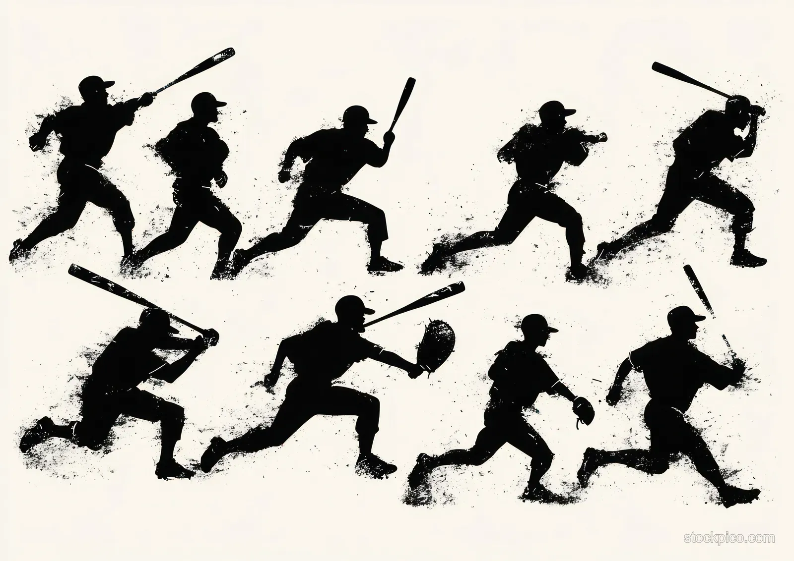 Baseball player silhouettes in batting, running, and catching poses with ink splatter on a light background.