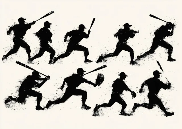 Baseball Player Silhouettes in Dynamic Action with Ink Splatter