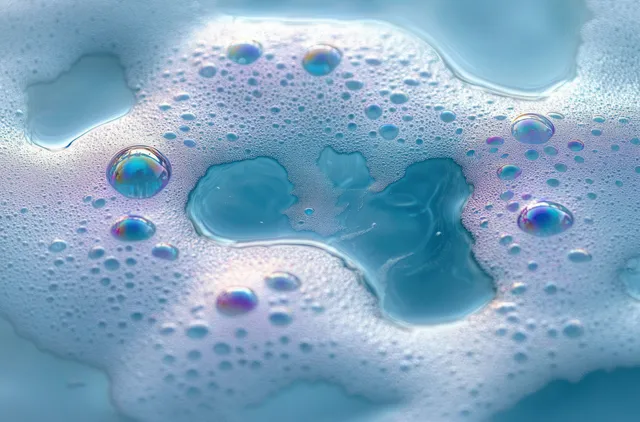 Iridescent soap bubbles and foam shimmer on a smooth blue surface with soft light reflections.
