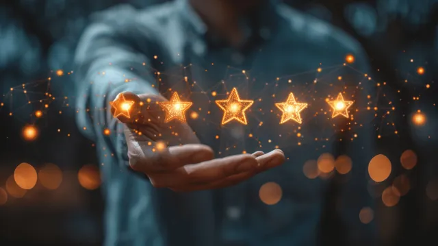 A hand reaches toward five glowing star ratings displayed over a customer feedback survey screen.