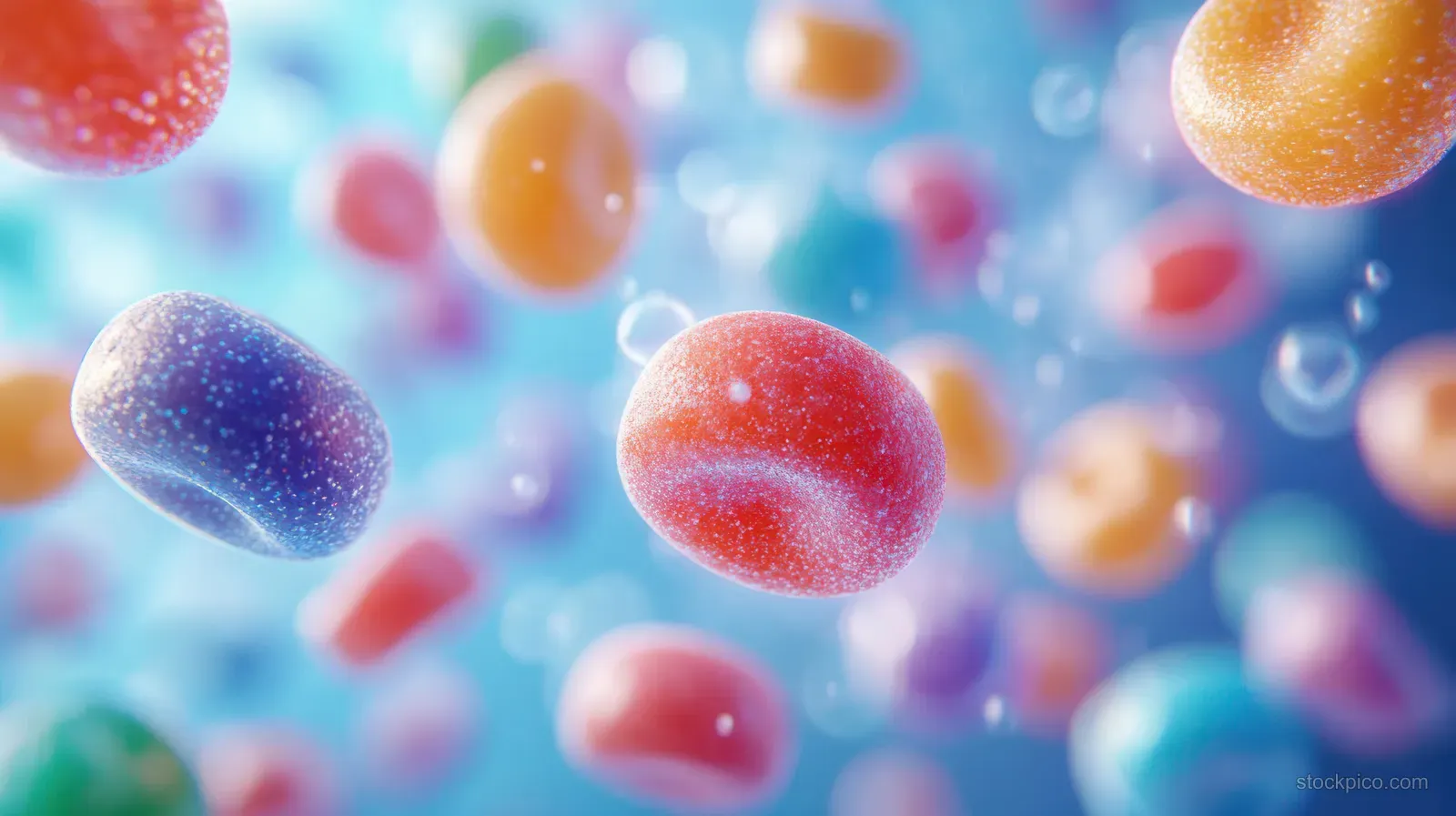 Colorful microscopic spheres and ovals drift in a blue fluid with soft bokeh depth and light glints.