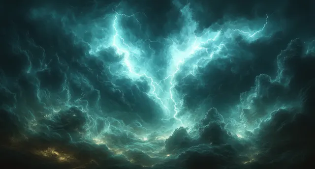 Dark storm clouds overhead as bright lightning bolts crack across a night sky.