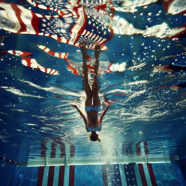A female athlete performs a dramatic underwater dive, showcasing dynamic motion and intense focus in vivid blue water.