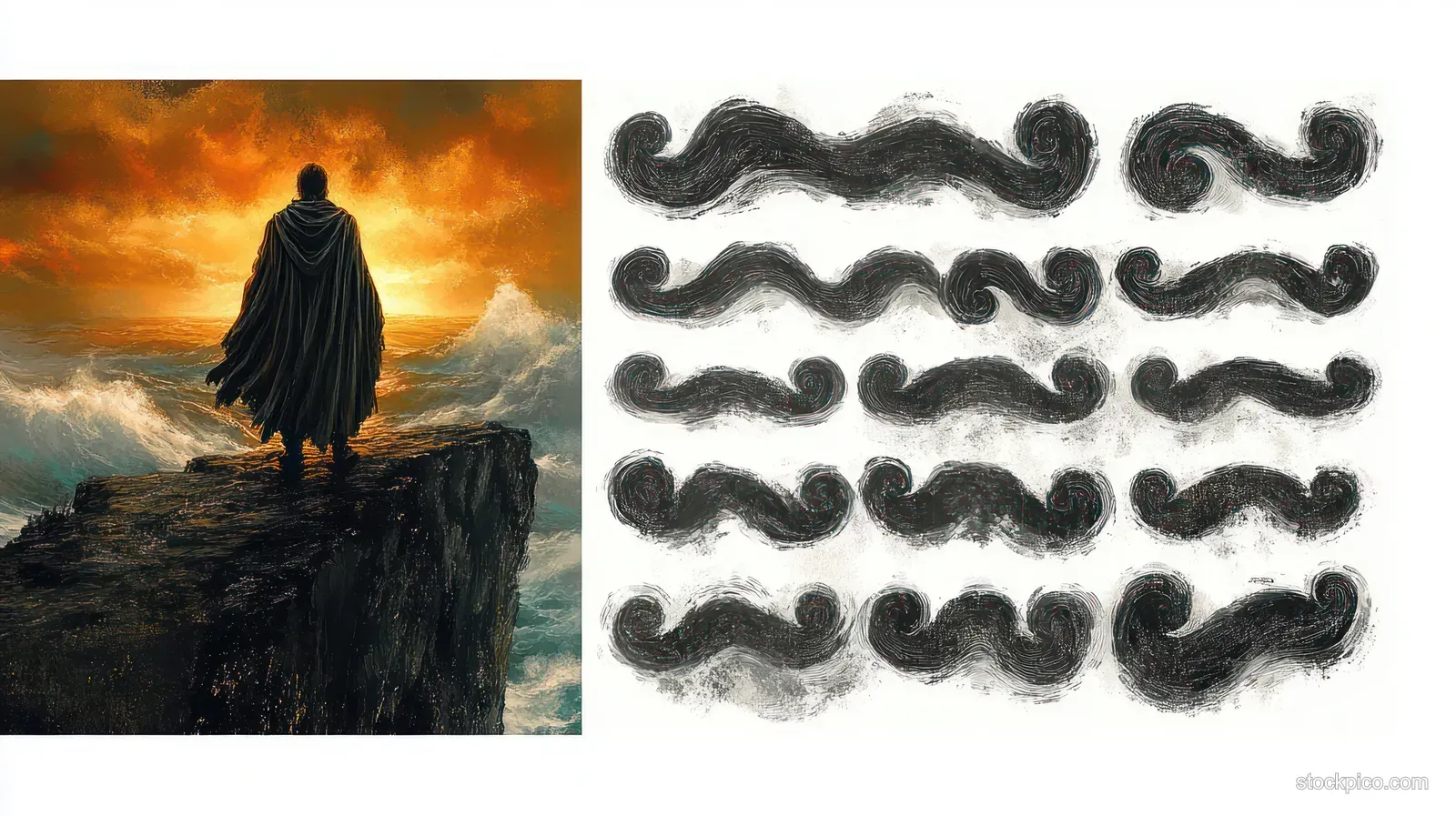 Silhouetted figure on a rocky cliff at sunset beside a white grid of black ink mustache sketches.