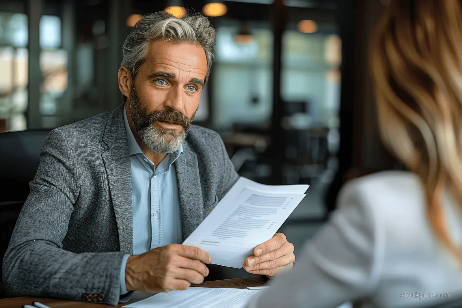 A mature man in a suit reviews contract documents with a female client at a conference table.