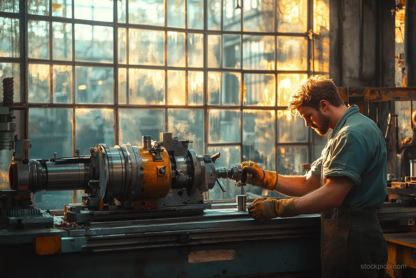 A worker wearing gloves operates a vintage lathe in a sunlit industrial workshop with large windows.