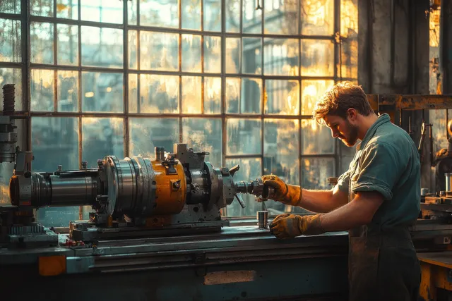 A worker wearing gloves operates a vintage lathe in a sunlit industrial workshop with large windows.