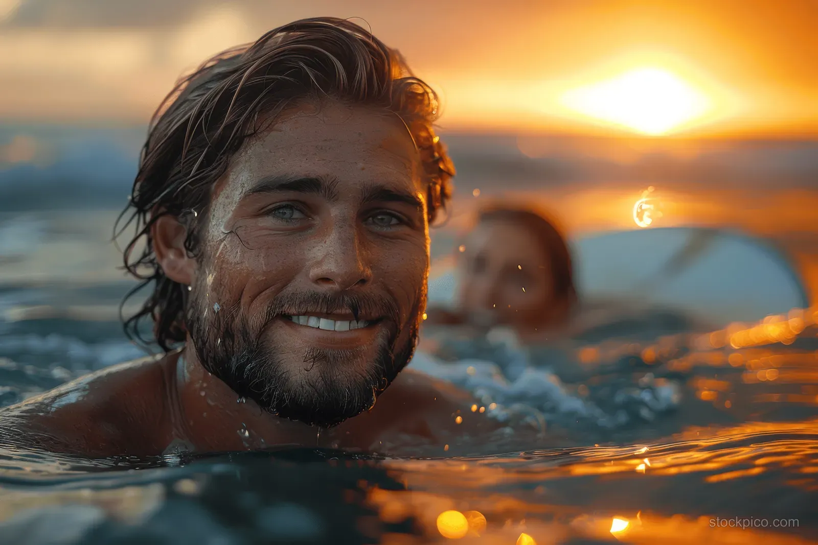 A smiling surfer couple paddles in the ocean at sunset with surfboards nearby and waves splashing behind them.