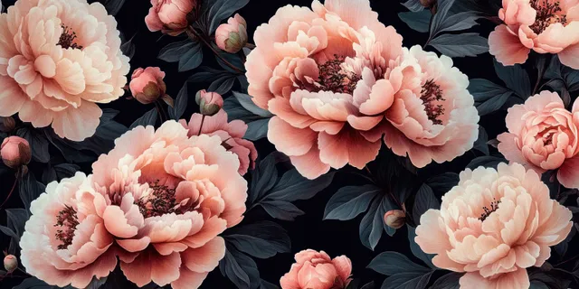 A seamless watercolor floral pattern showcases vintage peonies and foliage in pastel tones against a dark background.