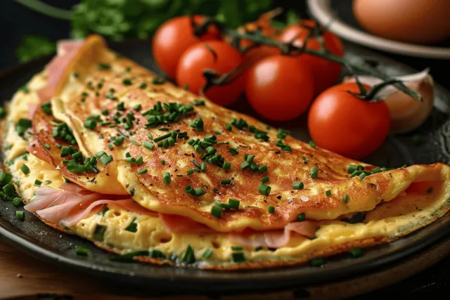 Omelette folded with ham and chives, served on a plate with halved cherry tomatoes