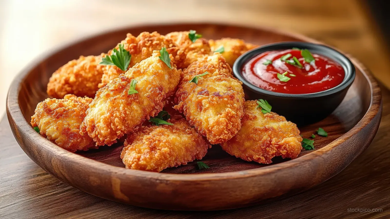 Golden fried chicken tenders on a wooden plate with red dipping sauce and parsley garnish.