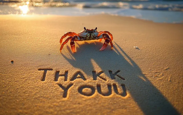 A small crab stands on golden sand with “THANK YOU” written in the beach near ocean waves in warm sunlight.