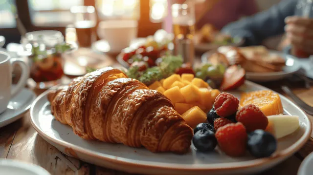 Golden croissant plate with fruit, coffee cups, and breakfast table morning light