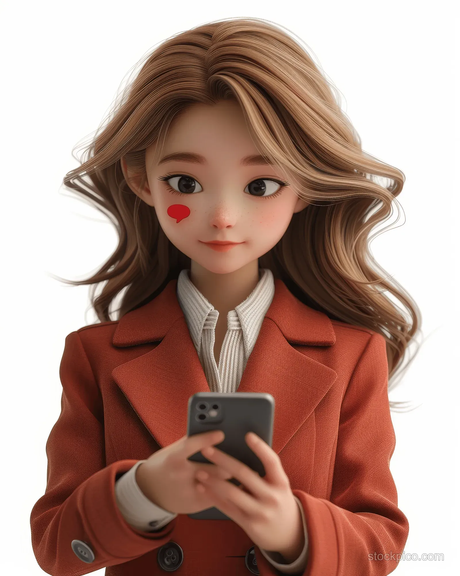 A 3D cartoon woman in a business suit holds a smartphone with a red speech bubble above her on a white background.