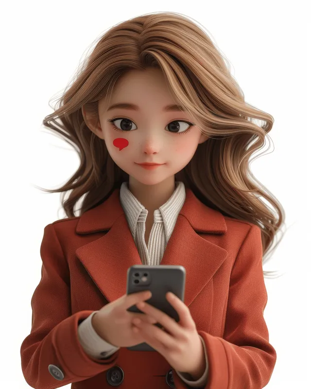 Una mujer caricaturesca 3D con un traje de negocios sostiene un smartphone con un globo de diálogo rojo sobre ella sobre un fondo blanco.
