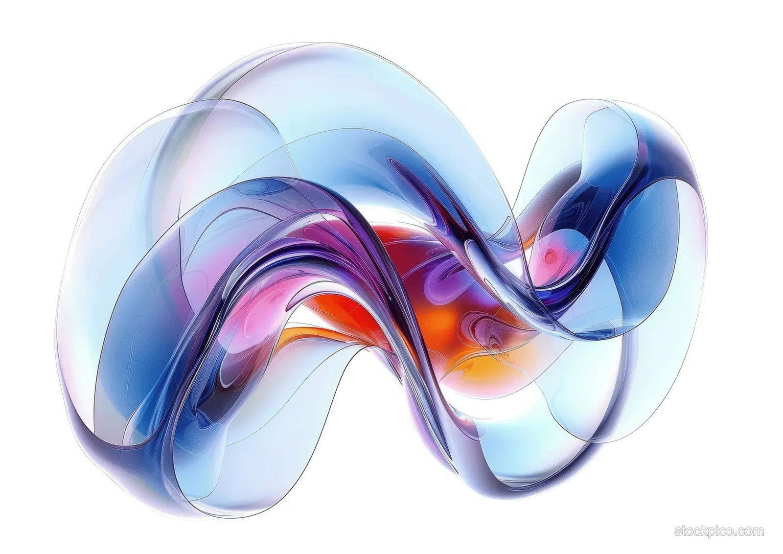 Abstract blue and orange glass fluid ribbons curl into a ribbon-like sculpture on a white background.