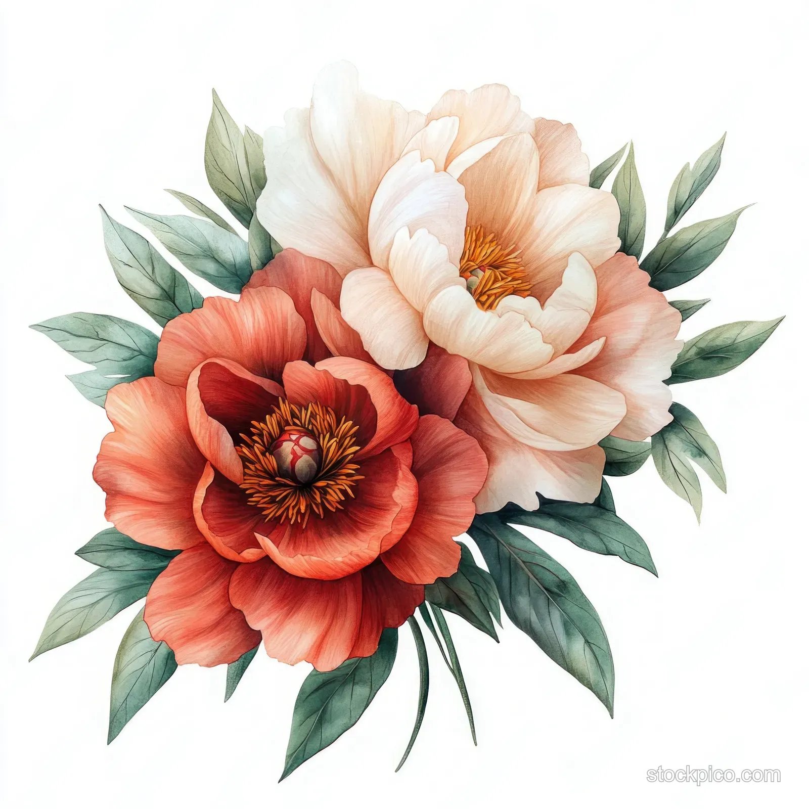Watercolor bouquet of peach and red peonies with green leaves arranged on a white background.