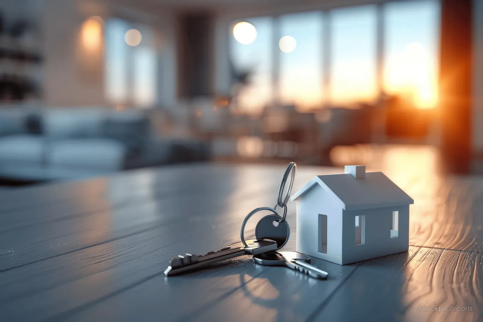 White house model and keys on a wooden table in a modern apartment with warm window light.