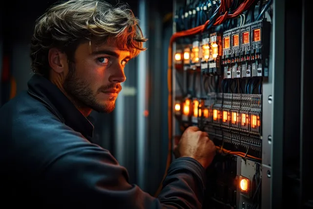 A helmeted electrical technician tests a lit control cabinet with a multimeter while wearing gloves.