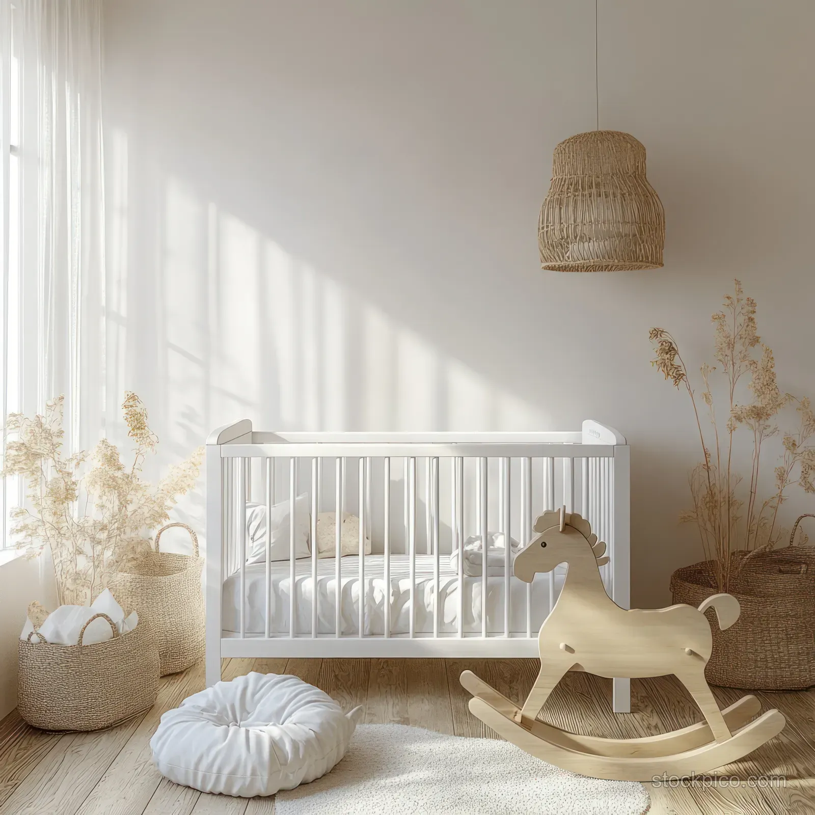 White baby crib and wooden rocking horse sit on a light rug in a Scandinavian nursery with soft sunlight.