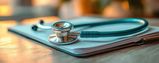 A stethoscope lies on a clipboard with medical papers on a wooden desk under warm light.