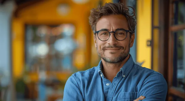 A man in a blue shirt and glasses smiles with arms crossed in a studio portrait against a bright yellow background.