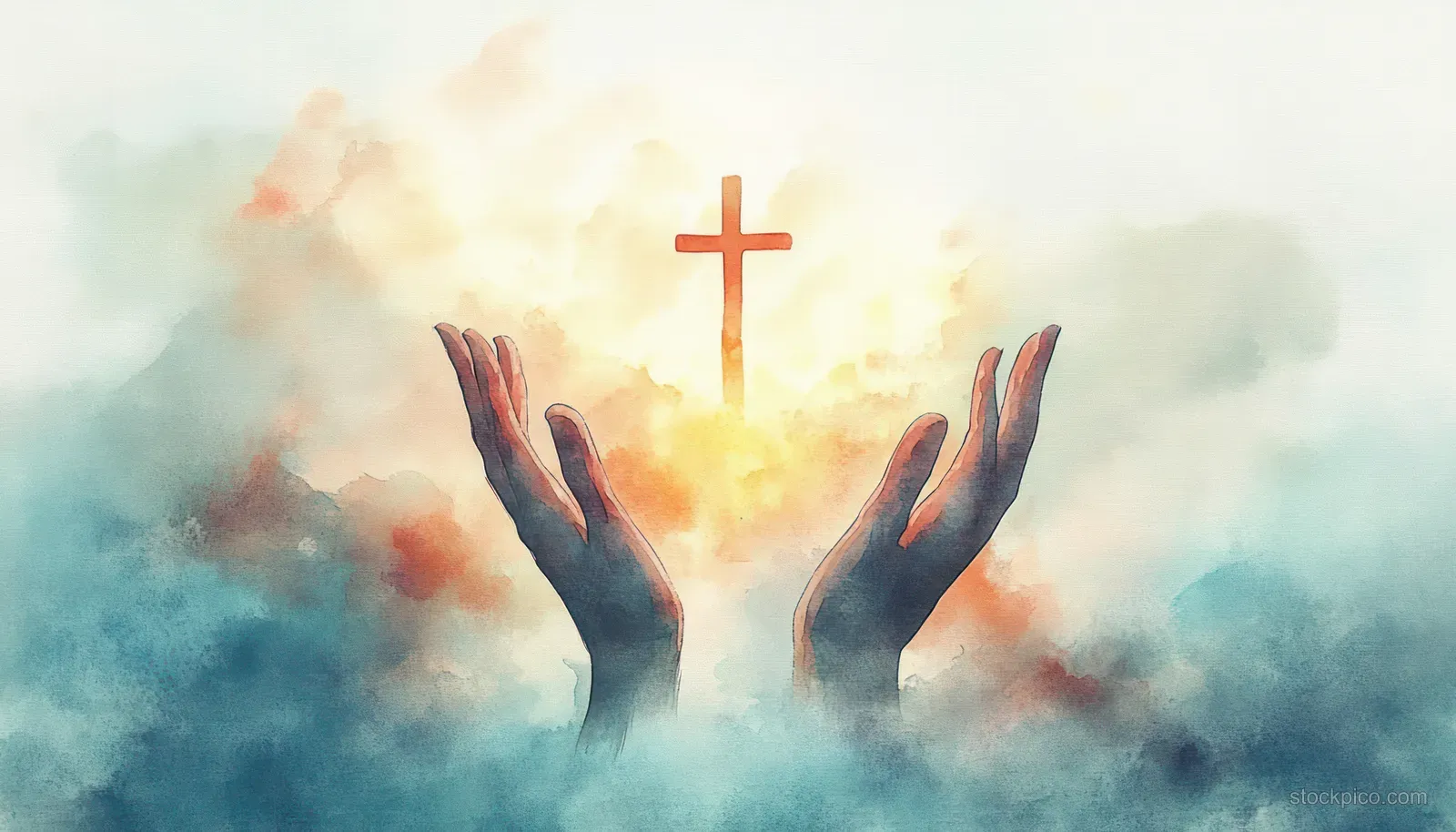 Silhouetted hands reach toward a glowing cross in the pastel sky above drifting clouds.