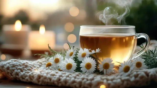 Steaming herbal tea in a glass cup on a knitted cloth with daisies and softly lit candles behind.