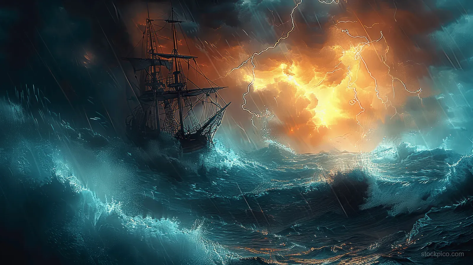 Jesus calms a futuristic ship during a storm with glowing waves and lightning above the ocean.