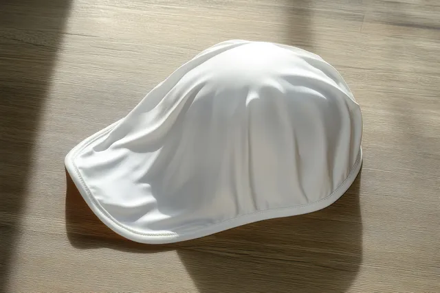 A white swim cap rests on a light wooden surface with visible folds and a sharp side shadow.