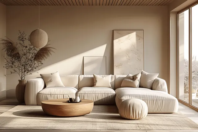 Beige Japandi living room with a cozy sofa, round wooden coffee table, and daylight from a large window.
