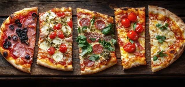 Five slices of pizza with pepperoni, olives, cherry tomatoes, basil, cheese, and pesto arranged on rustic wooden surface.