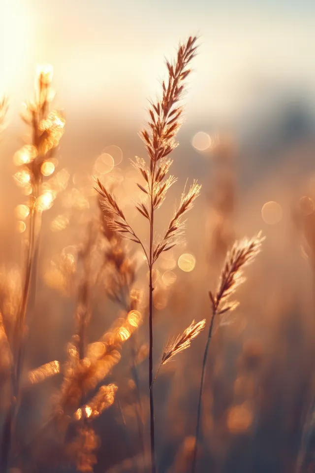 Grass blades in a warm golden-hour field with soft bokeh and sunlight flares in the background.