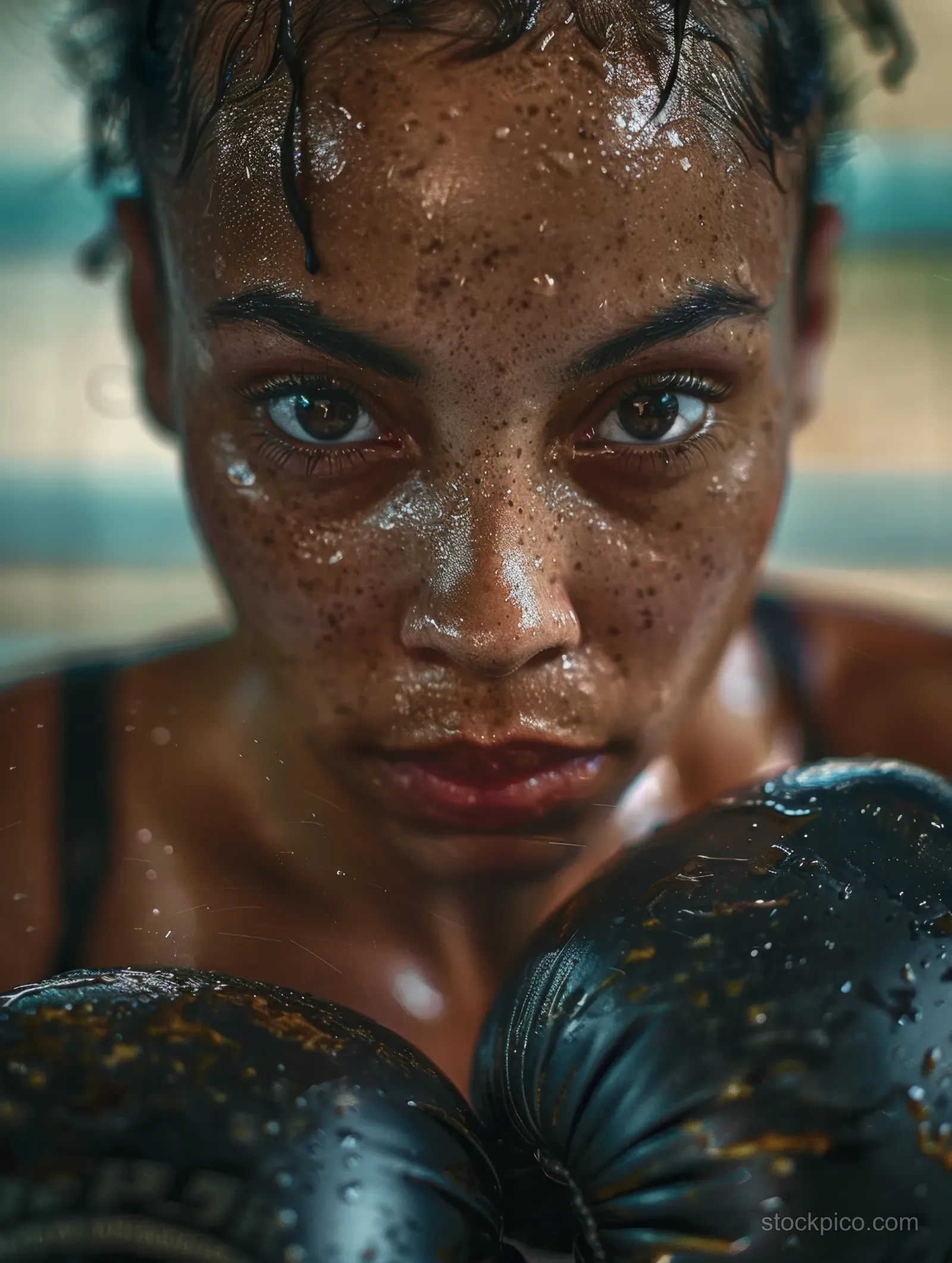 Close-up portrait of a Great Britain flyweight boxer with raised boxing gloves and an intense gaze.