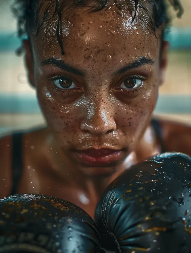 Close-up portrait of a Great Britain flyweight boxer with raised boxing gloves and an intense gaze.