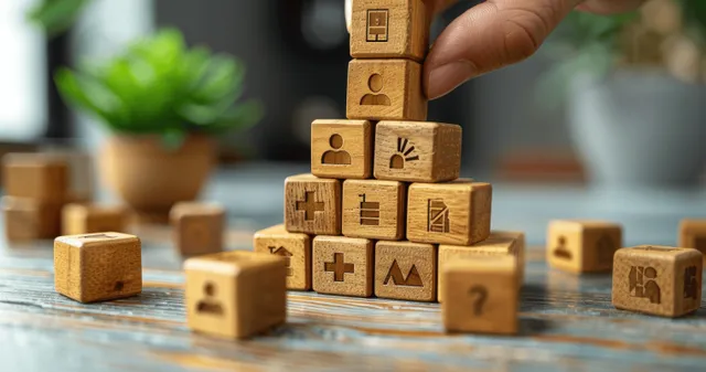 A hand places wooden blocks on a desk showing employee benefit icons like health and finance.