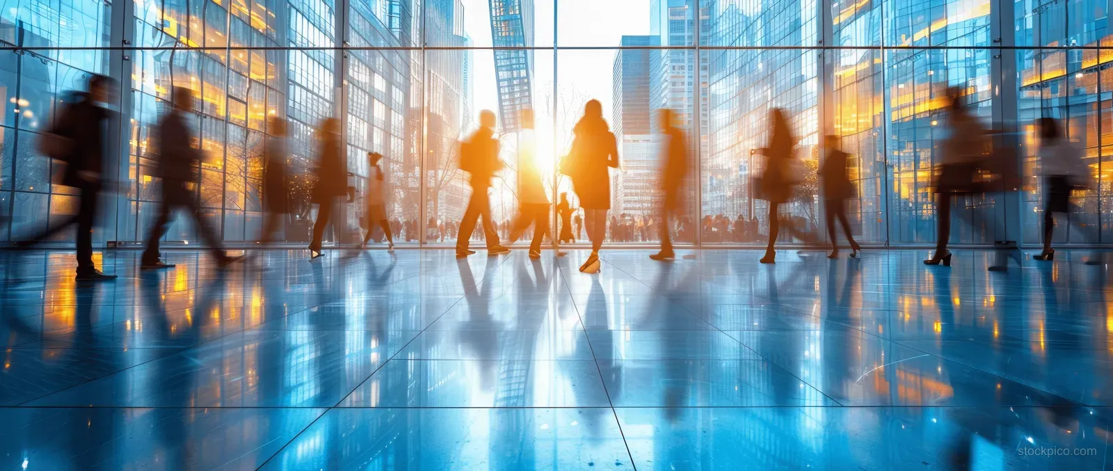 Business coworkers walk through a light-filled office hallway with motion-blurred silhouettes and glass walls.