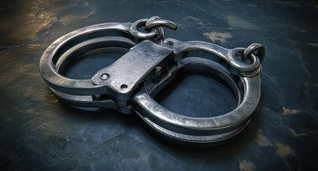 Metal handcuffs lie on a dark textured surface, with the lock clasp and rings clearly visible.